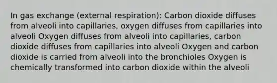 In gas exchange (external respiration): Carbon dioxide diffuses from alveoli into capillaries, oxygen diffuses from capillaries into alveoli Oxygen diffuses from alveoli into capillaries, carbon dioxide diffuses from capillaries into alveoli Oxygen and carbon dioxide is carried from alveoli into the bronchioles Oxygen is chemically transformed into carbon dioxide within the alveoli