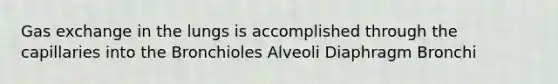 Gas exchange in the lungs is accomplished through the capillaries into the Bronchioles Alveoli Diaphragm Bronchi