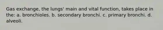 Gas exchange, the lungs' main and vital function, takes place in the: a. bronchioles. b. secondary bronchi. c. primary bronchi. d. alveoli.