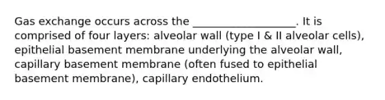 Gas exchange occurs across the ___________________. It is comprised of four layers: alveolar wall (type I & II alveolar cells), epithelial basement membrane underlying the alveolar wall, capillary basement membrane (often fused to epithelial basement membrane), capillary endothelium.