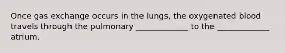 Once gas exchange occurs in the lungs, the oxygenated blood travels through the pulmonary _____________ to the _____________ atrium.