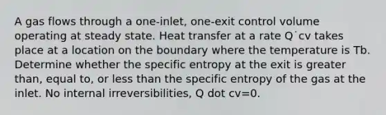 A gas flows through a one-inlet, one-exit control volume operating at steady state. Heat transfer at a rate Q˙cv takes place at a location on the boundary where the temperature is Tb. Determine whether the specific entropy at the exit is greater than, equal to, or less than the specific entropy of the gas at the inlet. No internal irreversibilities, Q dot cv=0.