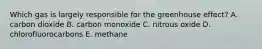 Which gas is largely responsible for the greenhouse effect? A. carbon dioxide B. carbon monoxide C. nitrous oxide D. chlorofluorocarbons E. methane