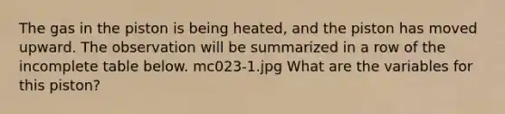 The gas in the piston is being heated, and the piston has moved upward. The observation will be summarized in a row of the incomplete table below. mc023-1.jpg What are the variables for this piston?