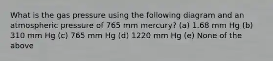 What is the gas pressure using the following diagram and an atmospheric pressure of 765 mm mercury? (a) 1.68 mm Hg (b) 310 mm Hg (c) 765 mm Hg (d) 1220 mm Hg (e) None of the above