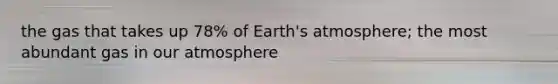 the gas that takes up 78% of <a href='https://www.questionai.com/knowledge/kRonPjS5DU-earths-atmosphere' class='anchor-knowledge'>earth's atmosphere</a>; the most abundant gas in our atmosphere