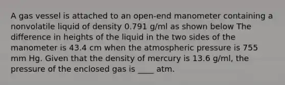 A gas vessel is attached to an open-end manometer containing a nonvolatile liquid of density 0.791 g/ml as shown below The difference in heights of the liquid in the two sides of the manometer is 43.4 cm when the atmospheric pressure is 755 mm Hg. Given that the density of mercury is 13.6 g/ml, the pressure of the enclosed gas is ____ atm.