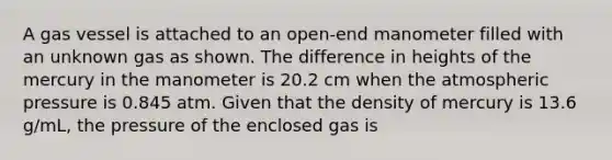 A gas vessel is attached to an open-end manometer filled with an unknown gas as shown. The difference in heights of the mercury in the manometer is 20.2 cm when the atmospheric pressure is 0.845 atm. Given that the density of mercury is 13.6 g/mL, the pressure of the enclosed gas is