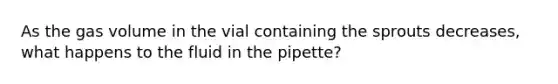 As the gas volume in the vial containing the sprouts decreases, what happens to the fluid in the pipette?