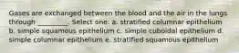 Gases are exchanged between the blood and the air in the lungs through _________. Select one: a. stratified columnar epithelium b. simple squamous epithelium c. simple cuboidal epithelium d. simple columnar epithelium e. stratified squamous epithelium