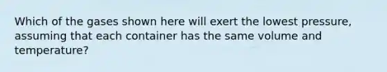 Which of the gases shown here will exert the lowest pressure, assuming that each container has the same volume and temperature?