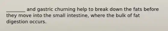 ________ and gastric churning help to break down the fats before they move into the small intestine, where the bulk of fat digestion occurs.