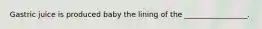 Gastric juice is produced baby the lining of the _________________.