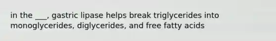 in the ___, gastric lipase helps break triglycerides into monoglycerides, diglycerides, and free fatty acids