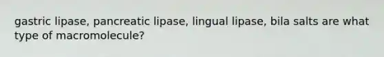 gastric lipase, pancreatic lipase, lingual lipase, bila salts are what type of macromolecule?