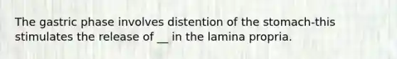 The gastric phase involves distention of <a href='https://www.questionai.com/knowledge/kLccSGjkt8-the-stomach' class='anchor-knowledge'>the stomach</a>-this stimulates the release of __ in the lamina propria.