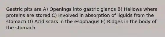 Gastric pits are A) Openings into gastric glands B) Hallows where proteins are stored C) Involved in absorption of liquids from the stomach D) Acid scars in the esophagus E) Ridges in the body of the stomach