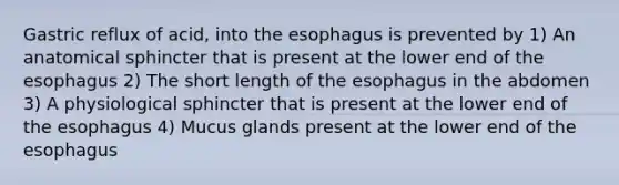 Gastric reflux of acid, into the esophagus is prevented by 1) An anatomical sphincter that is present at the lower end of the esophagus 2) The short length of the esophagus in the abdomen 3) A physiological sphincter that is present at the lower end of the esophagus 4) Mucus glands present at the lower end of the esophagus