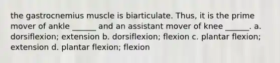 the gastrocnemius muscle is biarticulate. Thus, it is the prime mover of ankle ______ and an assistant mover of knee ______. a. dorsiflexion; extension b. dorsiflexion; flexion c. plantar flexion; extension d. plantar flexion; flexion