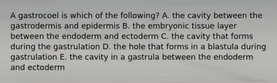 A gastrocoel is which of the following? A. the cavity between the gastrodermis and epidermis B. the embryonic tissue layer between the endoderm and ectoderm C. the cavity that forms during the gastrulation D. the hole that forms in a blastula during gastrulation E. the cavity in a gastrula between the endoderm and ectoderm