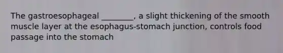 The gastroesophageal ________, a slight thickening of the smooth muscle layer at <a href='https://www.questionai.com/knowledge/kSjVhaa9qF-the-esophagus' class='anchor-knowledge'>the esophagus</a>-stomach junction, controls food passage into <a href='https://www.questionai.com/knowledge/kLccSGjkt8-the-stomach' class='anchor-knowledge'>the stomach</a>