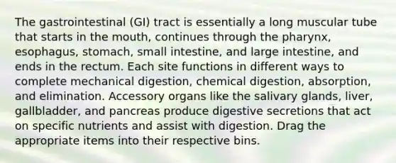 The gastrointestinal (GI) tract is essentially a long muscular tube that starts in the mouth, continues through the pharynx, esophagus, stomach, small intestine, and large intestine, and ends in the rectum. Each site functions in different ways to complete mechanical digestion, chemical digestion, absorption, and elimination. Accessory organs like the salivary glands, liver, gallbladder, and pancreas produce digestive secretions that act on specific nutrients and assist with digestion. Drag the appropriate items into their respective bins.