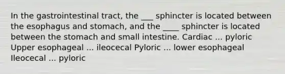 In the gastrointestinal tract, the ___ sphincter is located between the esophagus and stomach, and the ____ sphincter is located between the stomach and small intestine. Cardiac ... pyloric Upper esophageal ... ileocecal Pyloric ... lower esophageal Ileocecal ... pyloric