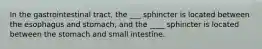 In the gastrointestinal tract, the ___ sphincter is located between the esophagus and stomach, and the ____ sphincter is located between the stomach and small intestine.