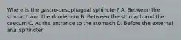 Where is the gastro-oesophageal sphincter? A. Between the stomach and the duodenum B. Between the stomach and the caecum C. At the entrance to the stomach D. Before the external anal sphincter