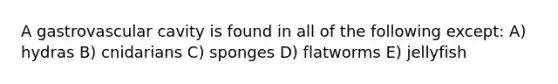 A gastrovascular cavity is found in all of the following except: A) hydras B) cnidarians C) sponges D) flatworms E) jellyfish