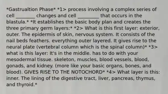 *Gastrualtion Phase* *1> process involving a complex series of cell ________ changes and cell _________ that occurs in the blastula.* *It establishes the basic body plan and creates the three primary germ layers:* *2> What is this first layer: exterior, outer. The epidermis of skin, nervous system. It consists of the nail beds feathers. everything outer layered. It gives rise to the neural plate (vertebral column which is the spinal column)* *3> what is this layer: It's in the middle. has to do with your mesodermal tissue. skeleton, muscles, blood vessels, blood, gonads, and kidney. (more like your basic organs, bones, and blood). GIVES RISE TO THE NOTOCHORD* *4> What layer is this: inner. The lining of the digestive tract, liver, pancreas, thymus, and thyroid.*