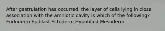 After gastrulation has occurred, the layer of cells lying in close association with the amniotic cavity is which of the following? Endoderm Epiblast Ectoderm Hypoblast Mesoderm