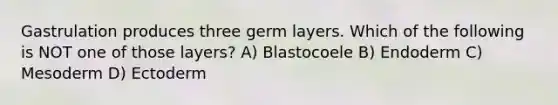 Gastrulation produces three germ layers. Which of the following is NOT one of those layers? A) Blastocoele B) Endoderm C) Mesoderm D) Ectoderm