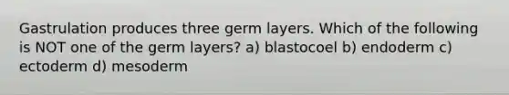 Gastrulation produces three germ layers. Which of the following is NOT one of the germ layers? a) blastocoel b) endoderm c) ectoderm d) mesoderm