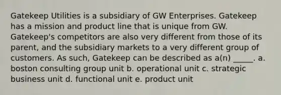 Gatekeep Utilities is a subsidiary of GW Enterprises. Gatekeep has a mission and product line that is unique from GW. Gatekeep's competitors are also very different from those of its parent, and the subsidiary markets to a very different group of customers. As such, Gatekeep can be described as a(n) _____. a. boston consulting group unit b. operational unit c. strategic business unit d. functional unit e. product unit