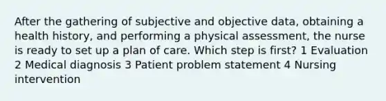 After the gathering of subjective and objective data, obtaining a health history, and performing a physical assessment, the nurse is ready to set up a plan of care. Which step is first? 1 Evaluation 2 Medical diagnosis 3 Patient problem statement 4 Nursing intervention