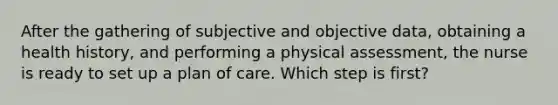 After the gathering of subjective and objective data, obtaining a health history, and performing a physical assessment, the nurse is ready to set up a plan of care. Which step is first?