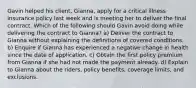 Gavin helped his client, Gianna, apply for a critical illness insurance policy last week and is meeting her to deliver the final contract. Which of the following should Gavin avoid doing while delivering the contract to Gianna? a) Deliver the contract to Gianna without explaining the definitions of covered conditions. b) Enquire if Gianna has experienced a negative change in health since the date of application. c) Obtain the first policy premium from Gianna if she had not made the payment already. d) Explain to Gianna about the riders, policy benefits, coverage limits, and exclusions.