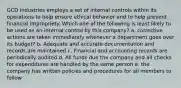 GCD Industries employs a set of internal controls within its operations to help ensure ethical behavior and to help prevent financial impropriety. Which one of the following is least likely to be used as an internal control by this company? a. corrective actions are taken immediately whenever a department goes over its budget? b. Adequate and accurate documentation and records are maintained c. Financial and accounting records are periodically audited d. All funds due the company and all checks for expenditures are handled by the same person e. the company has written policies and procedures for all members to follow