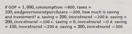 If GDP = 1,000, consumption =600, taxes = 100, and government purchases =200, how much is saving and investment? a. saving = 200, investment =200 b. saving = 200, investment =100 c. saving = 0, investment =0 d. saving = 100, investment =200 e. saving = 300, investment =300