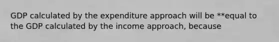 GDP calculated by the expenditure approach will be **equal to the GDP calculated by the income​ approach, because