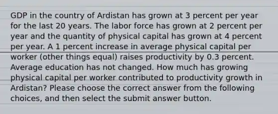 GDP in the country of Ardistan has grown at 3 percent per year for the last 20 years. The labor force has grown at 2 percent per year and the quantity of physical capital has grown at 4 percent per year. A 1 percent increase in average physical capital per worker (other things equal) raises productivity by 0.3 percent. Average education has not changed. How much has growing physical capital per worker contributed to productivity growth in Ardistan? Please choose the correct answer from the following choices, and then select the submit answer button.