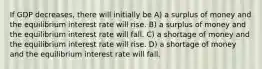 If GDP decreases, there will initially be A) a surplus of money and the equilibrium interest rate will rise. B) a surplus of money and the equilibrium interest rate will fall. C) a shortage of money and the equilibrium interest rate will rise. D) a shortage of money and the equilibrium interest rate will fall.