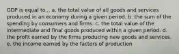 GDP is equal to... a. the total value of all goods and services produced in an economy during a given period. b. the sum of the spending by consumers and firms. c. the total value of the intermediate and final goods produced within a given period. d. the profit earned by the firms producing new goods and services. e. the income earned by the factors of production