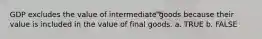 GDP excludes the value of intermediate goods because their value is included in the value of final goods. a. TRUE b. FALSE