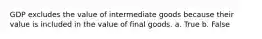 GDP excludes the value of intermediate goods because their value is included in the value of final goods. a. True b. False