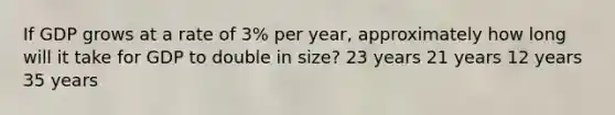 If GDP grows at a rate of 3% per year, approximately how long will it take for GDP to double in size? 23 years 21 years 12 years 35 years