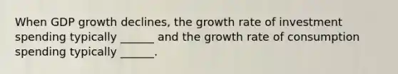 When GDP growth declines, the growth rate of investment spending typically ______ and the growth rate of consumption spending typically ______.