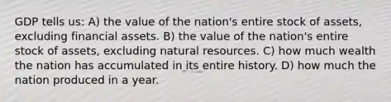 GDP tells us: A) the value of the nation's entire stock of assets, excluding financial assets. B) the value of the nation's entire stock of assets, excluding natural resources. C) how much wealth the nation has accumulated in its entire history. D) how much the nation produced in a year.