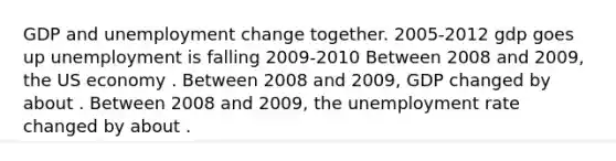 GDP and unemployment change together. 2005-2012 gdp goes up unemployment is falling 2009-2010 Between 2008 and 2009, the US economy . Between 2008 and 2009, GDP changed by about . Between 2008 and 2009, the unemployment rate changed by about .